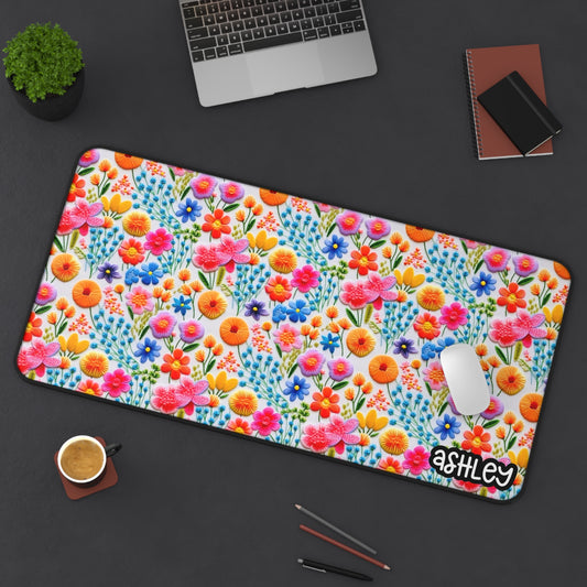 Embroidered Style Floral Desk Mat, Cottagecore Desk Mat, Colorful Floral Desk Mat, Bright Office Decor, Personalized Desk Accessories, Home Office Gift, Mother's Day Gift