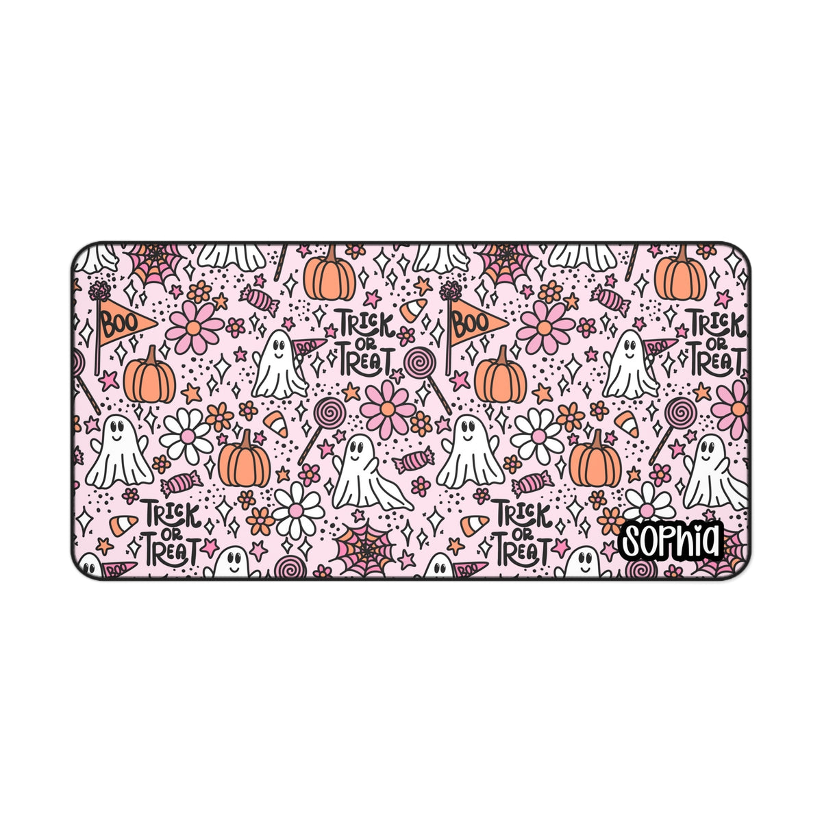 Pink Trick or Treat Desk Mat | Cute Ghost & Pumpkin Halloween Desk Pad | Personalized Spooky Desk Decor