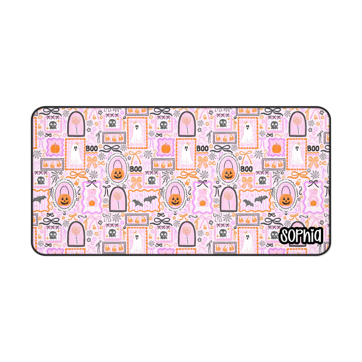 Pink Preppy Halloween Desk Mat | Cute Ghost, Pumpkin & Bow Desk Pad | Personalized Halloween Desk Decor