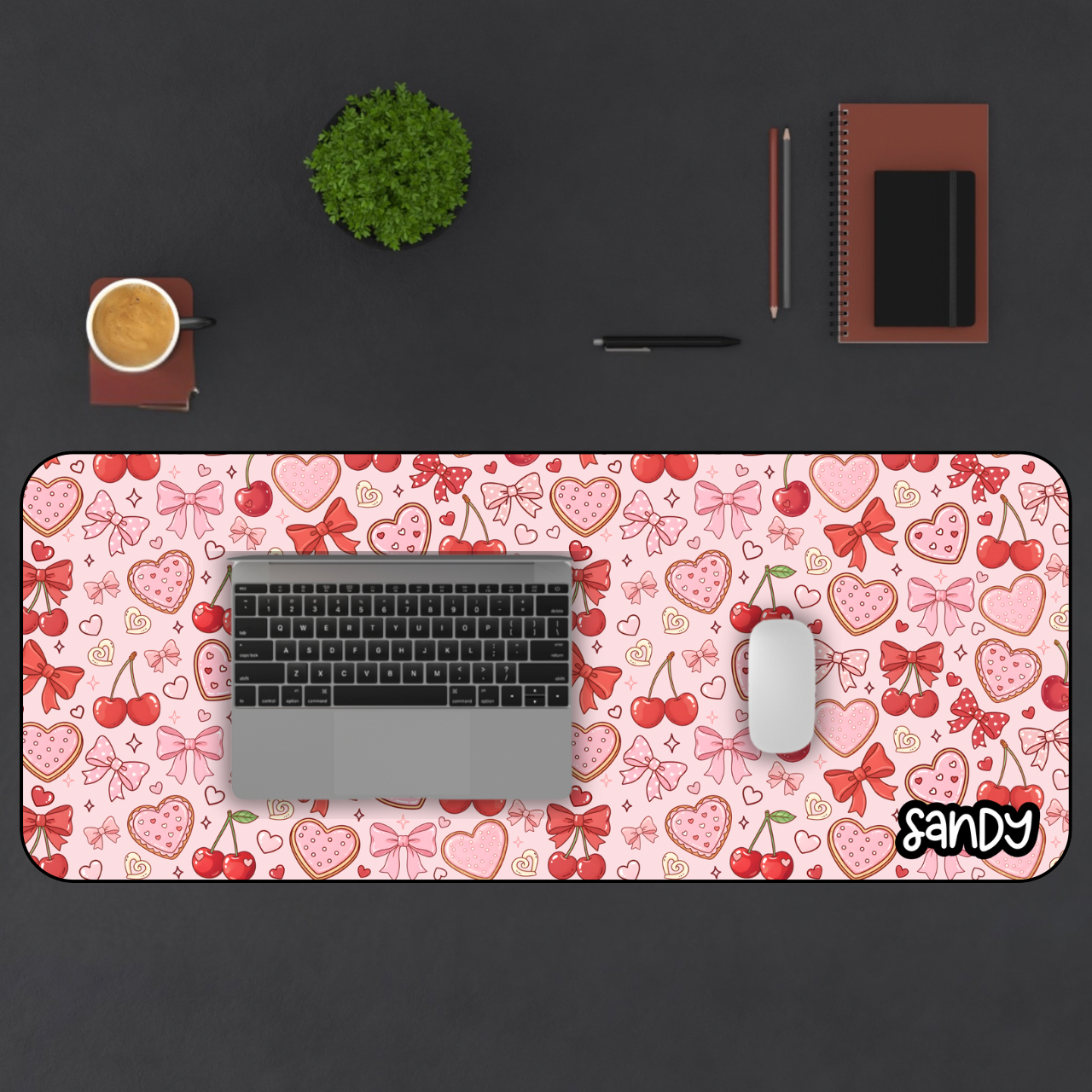 Pink Cherry & Hearts Desk Mat — Cute Valentine Gaming Mouse Pad