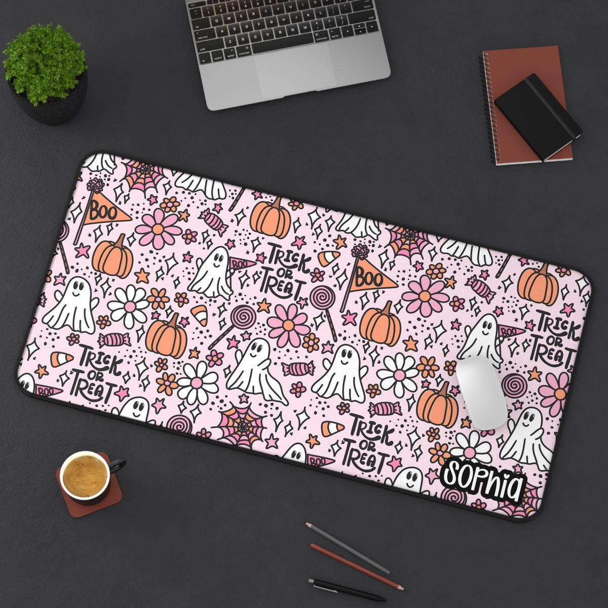 Pink Trick or Treat Desk Mat | Cute Ghost & Pumpkin Halloween Desk Pad | Personalized Spooky Desk Decor