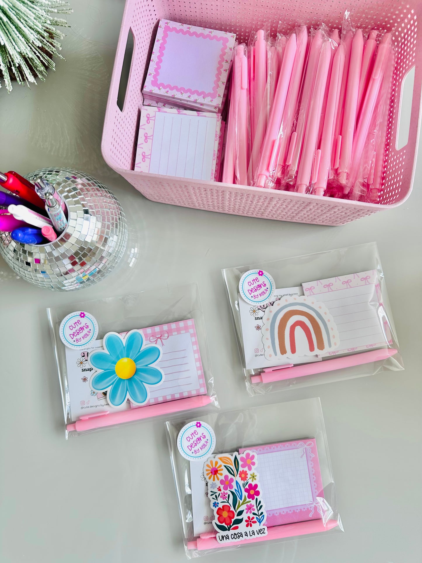 Cute Stationery Bundle – Sticky Notes Pad (25 Sheets), Pen & Sticker | Desk Gift Set | Free Shipping