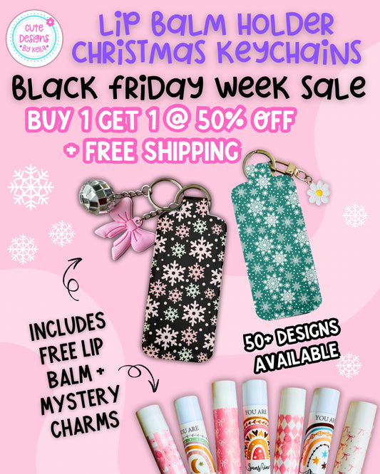 Cute Christmas Keychain Lip Balm Holder | Includes Free Lip Balm & Mystery Charms | Personalization Option Available