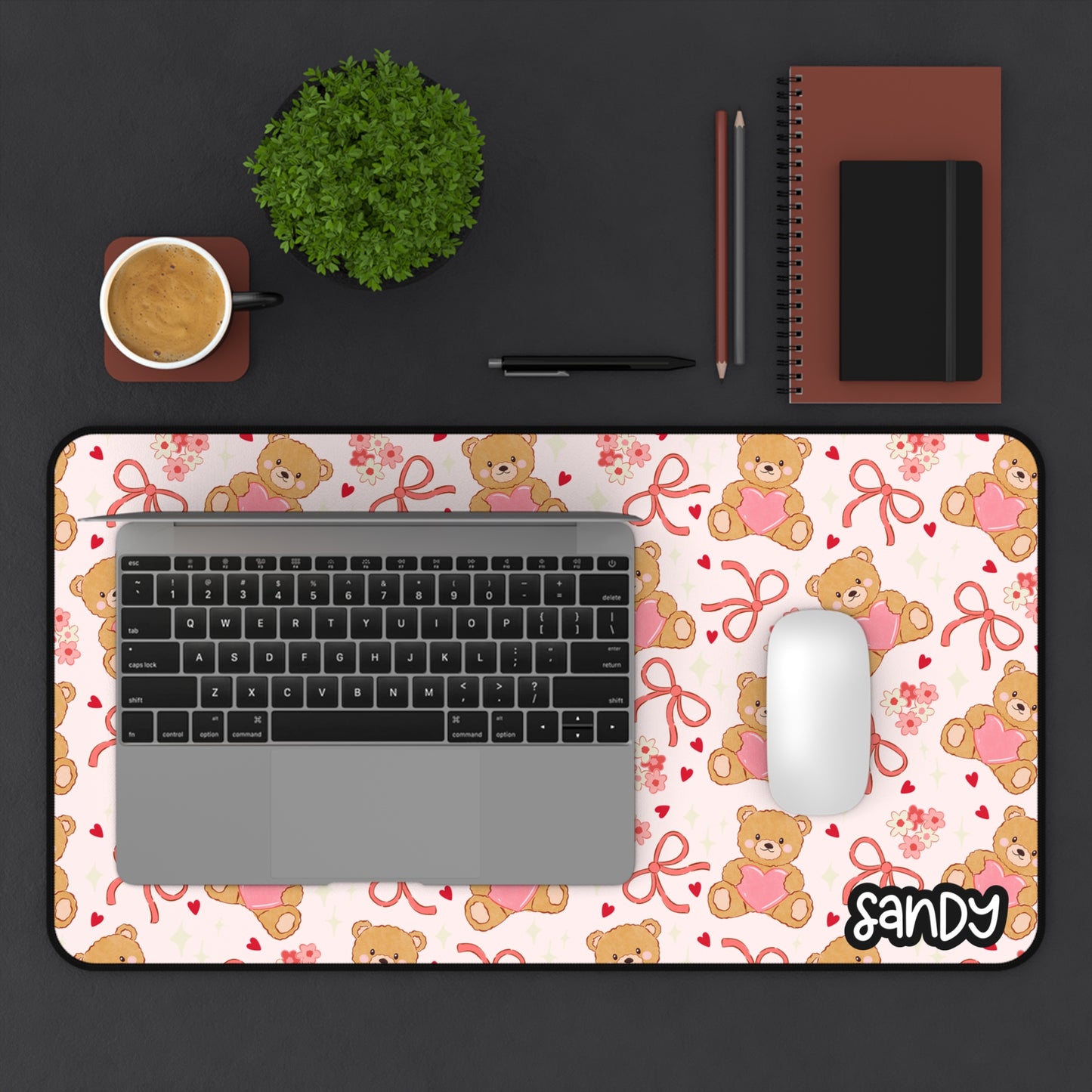 Cute Teddy Bears Desk Mat — Pink Hearts & Bows Mouse Pad