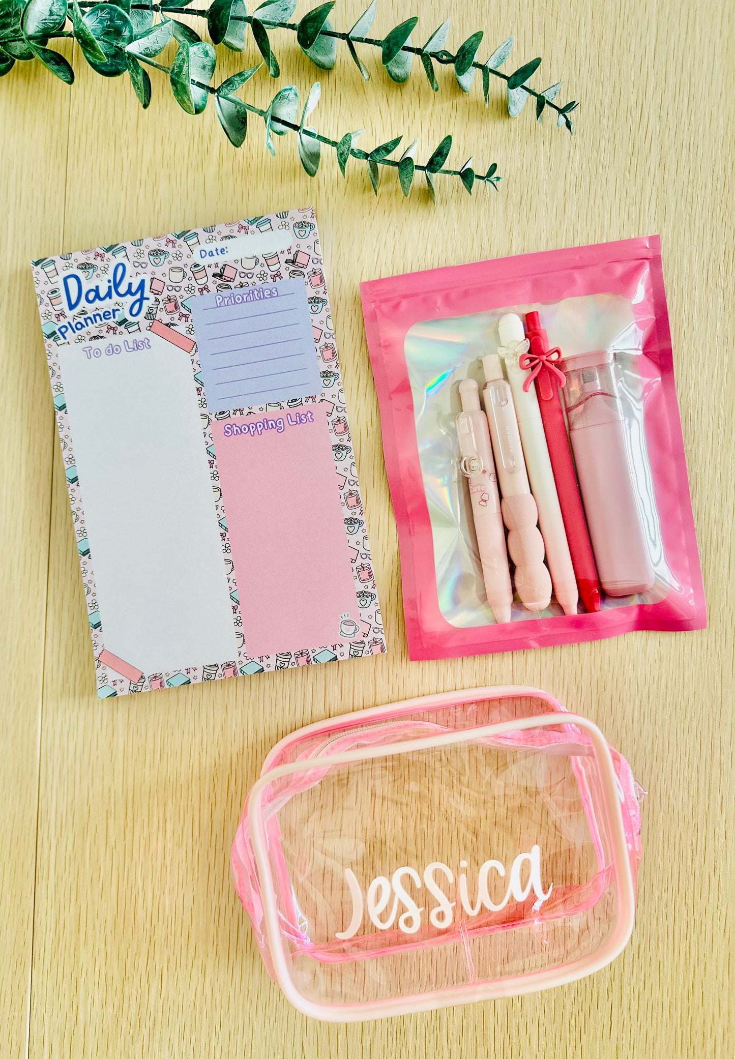 Cute Daily Planner Kit – Aesthetic Notepad, Pens, Highlighter & Clear Pouch | Cute Stationery Gift Set for Work or School