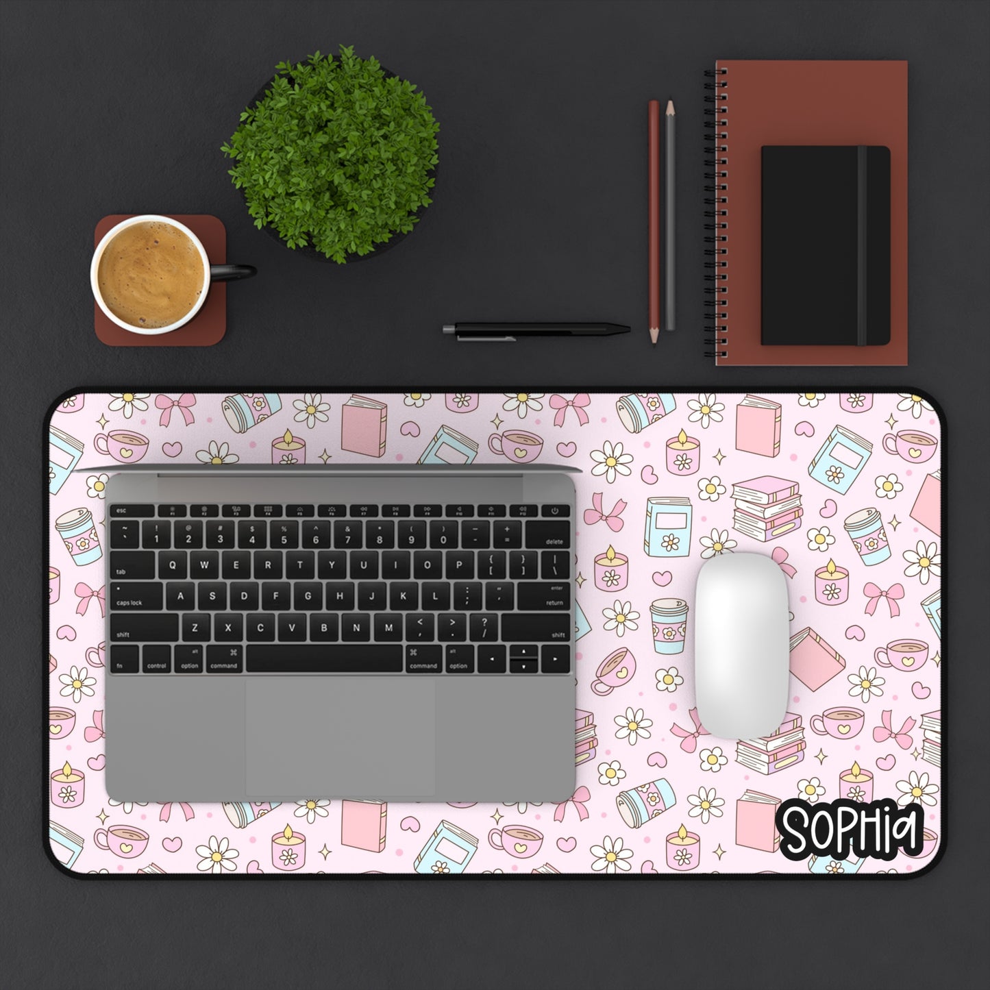 Soft Pink Bookish Girl Desk Mat | Pastel Study Desk Mat — Cute Pink Stationery Pattern with Custom Name