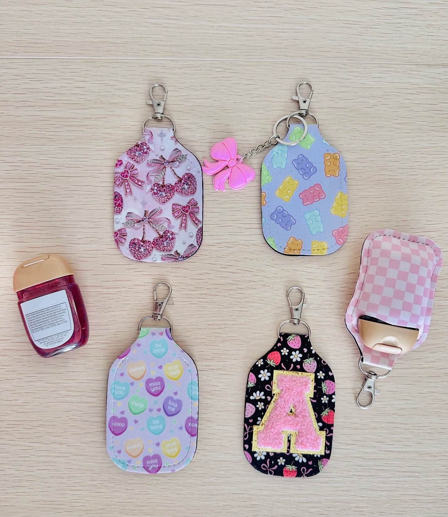 Hand Sanitizer Holder Keychains| Includes free B&BW Hand Sanitizer & Mystery Charm | Add Puffy Initial Patch