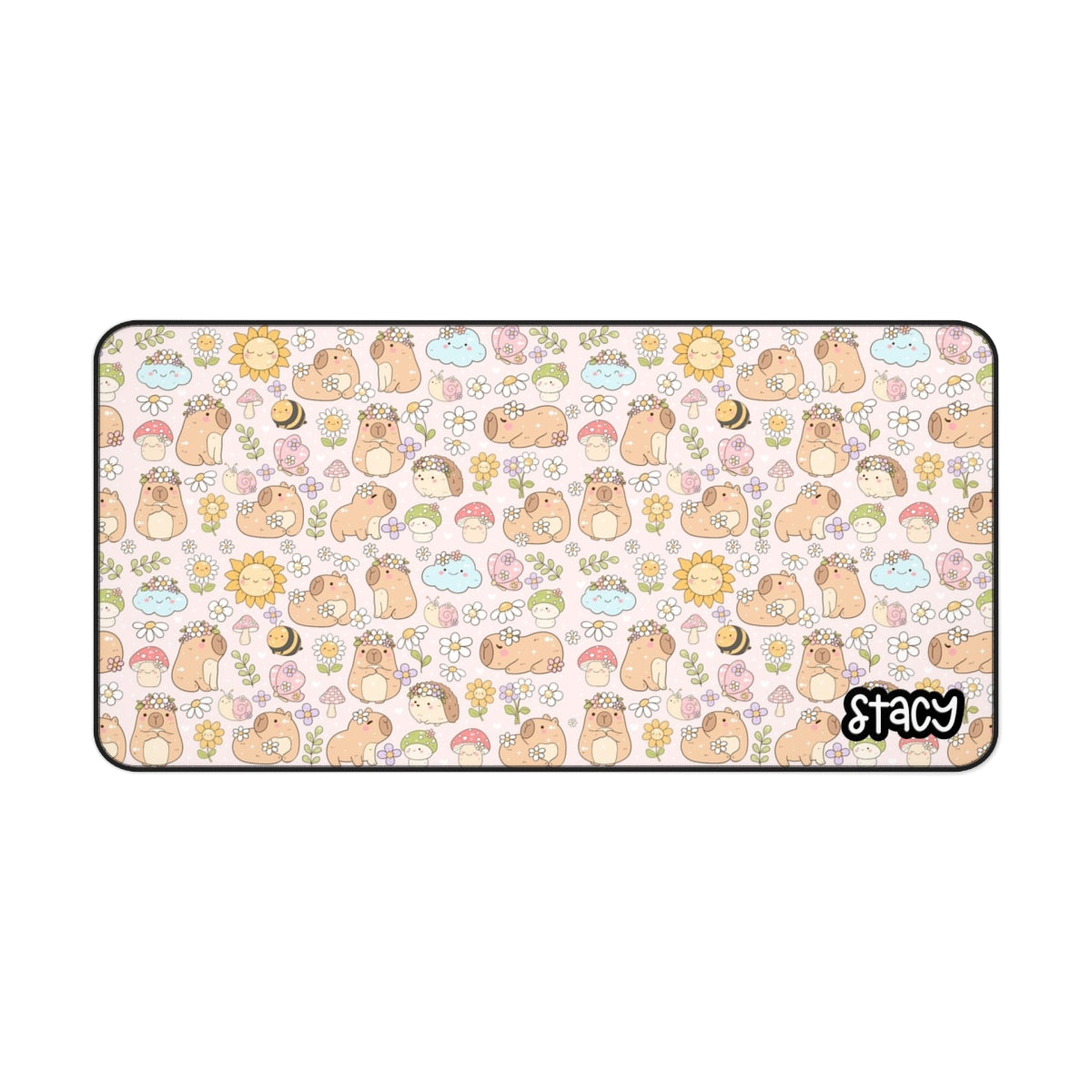 Cute Capybara Desk Mat with Floral Design (pink)- Cute Personalized Desk Mat | Includes Free Tote Bag & Sticker (waterproof)