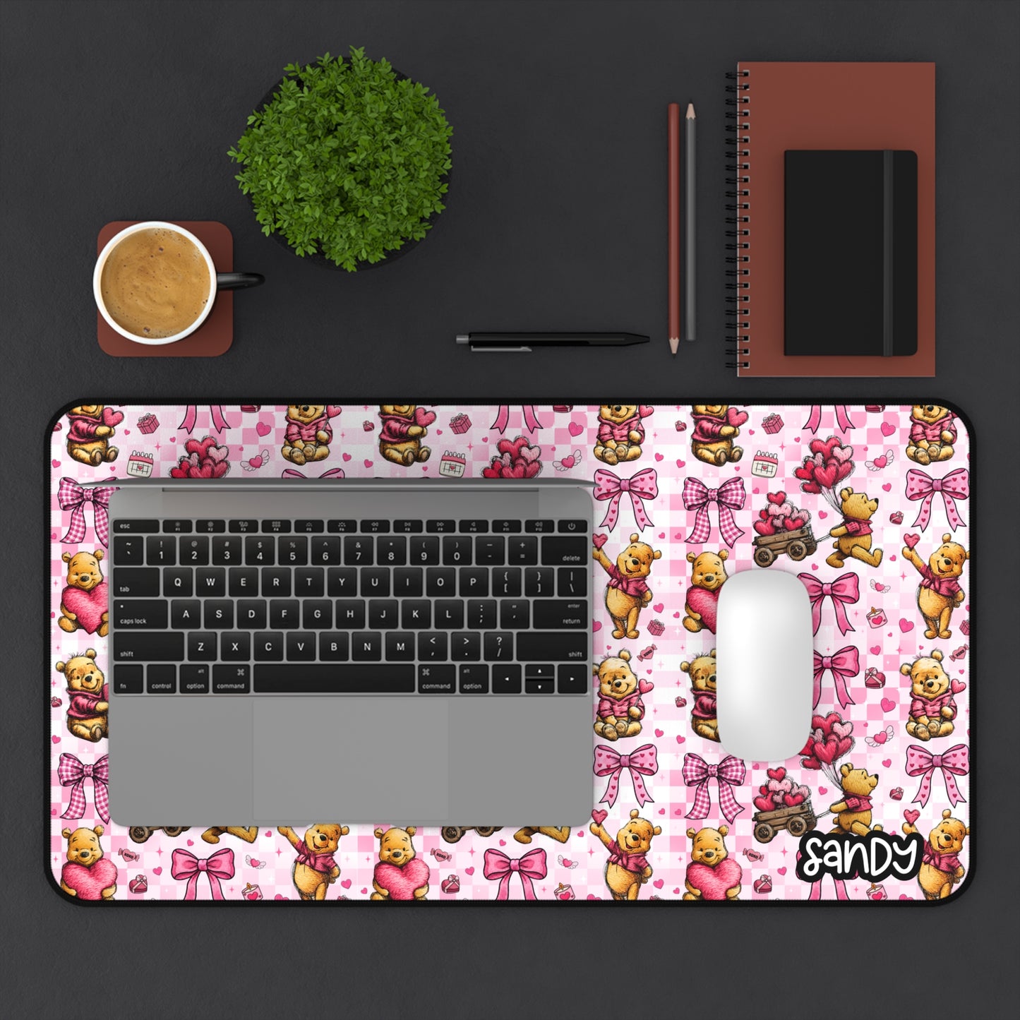Cute Winnie the Pooh Bear Valentine Pink Desk Mat — Personalized Gaming/Office Mousepad