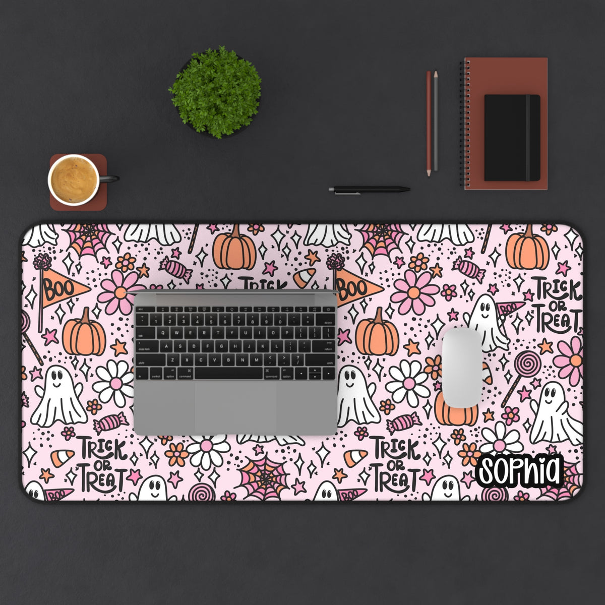 Pink Trick or Treat Desk Mat | Cute Ghost & Pumpkin Halloween Desk Pad | Personalized Spooky Desk Decor