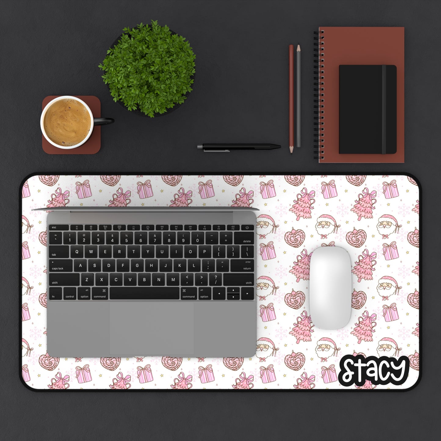 Pink Christmas Tree & Santa Themed Desk Mat