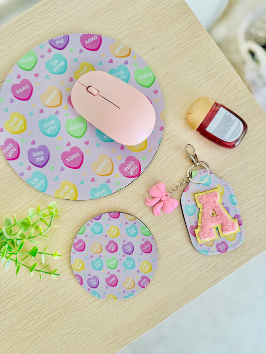 BUNDLE - Cute Matching Valentine Mouse Pad, Coaster & Hand Sanitizer Holder Keychain (includes free B&BW hand sanitizer)