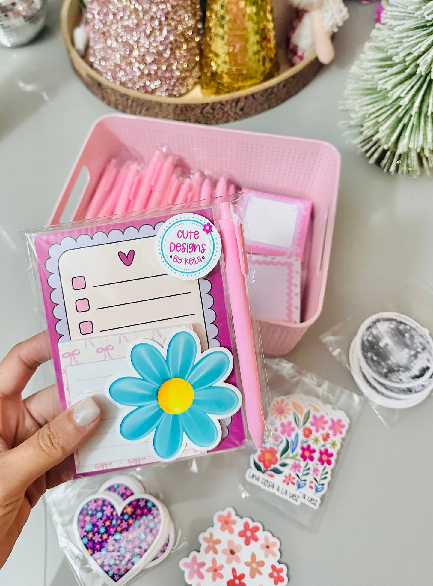 Cute Stationery Bundle: To-Do List Note Pad (50 Sheets), Coquette Sticky Notes Pad (25 sheets), Pen & Sticker | Desk Gift Set | Free Shipping