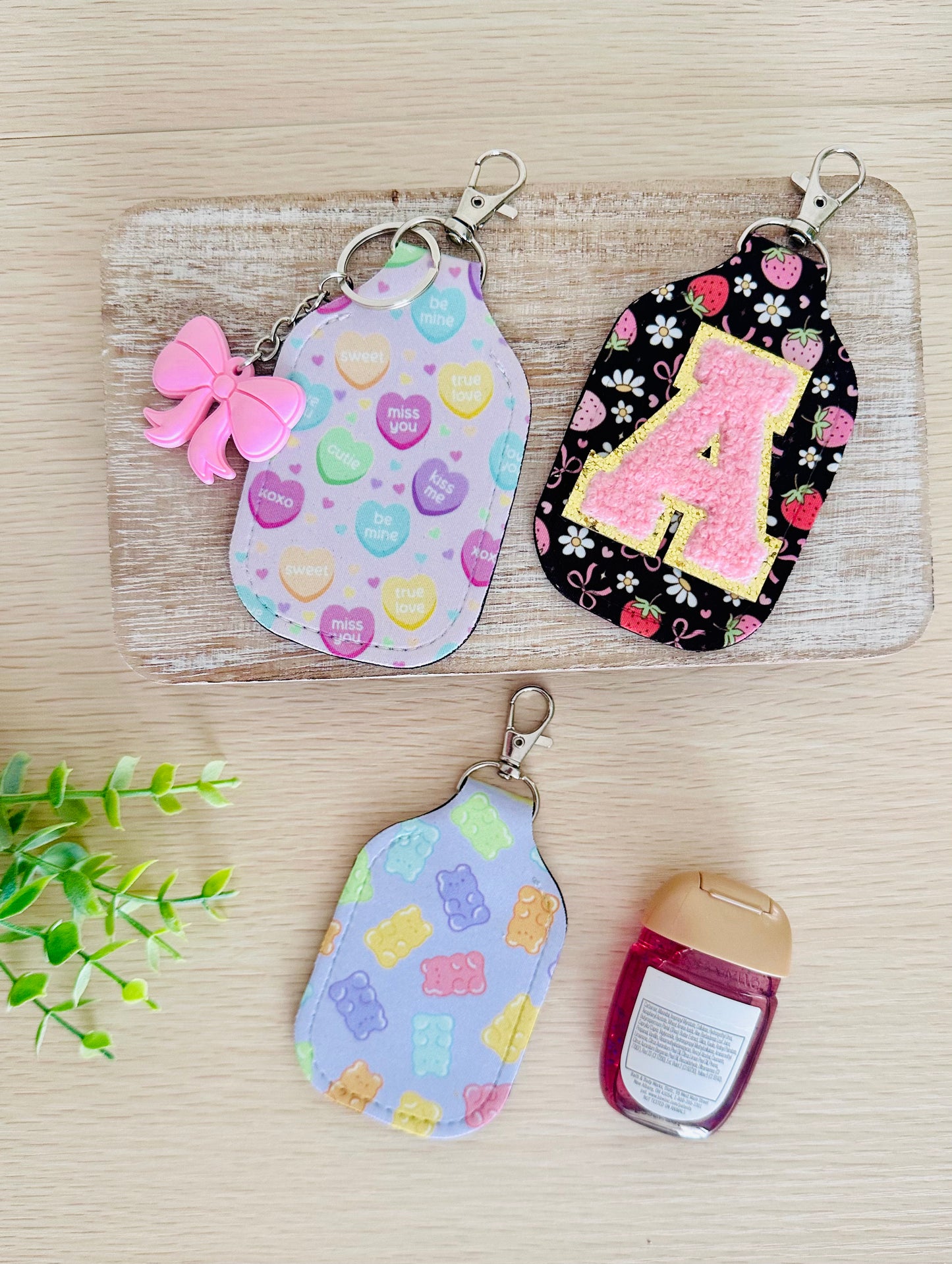 Hand Sanitizer Holder Keychains| Includes free B&BW Hand Sanitizer & Mystery Charm | Add Puffy Initial Patch