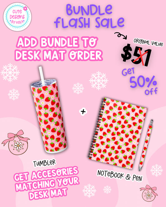 Add this bundle to your Desk Mat order and get it for 50% off - includes 20oz insulated skinny tumbler, notebook & pen matching your desk mat design (original value $51 - 50% DISCOUNT APPLIED AT CHECKOUT)