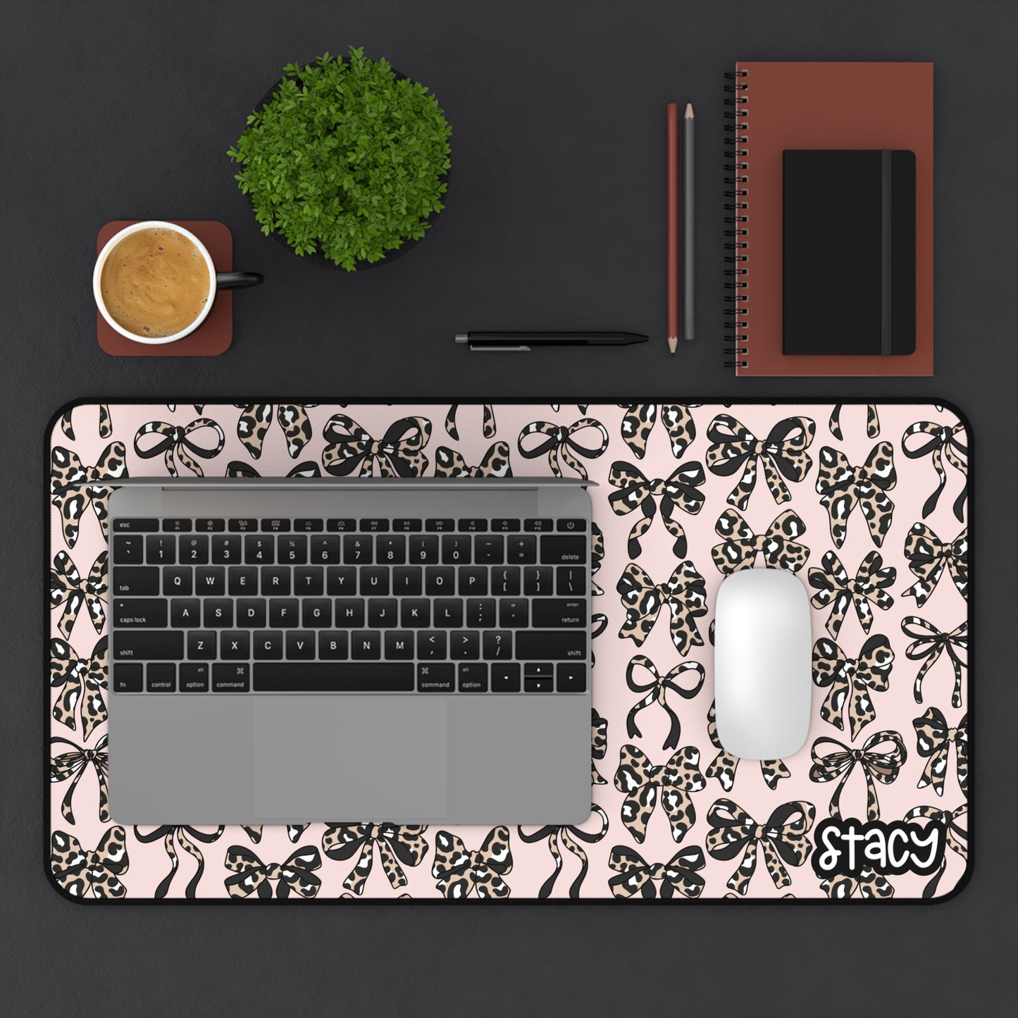 Pink Cheetah Bows Desk Mat — Girly Animal Print Mouse Pad with Name - Leopard Bows Mouse Pad