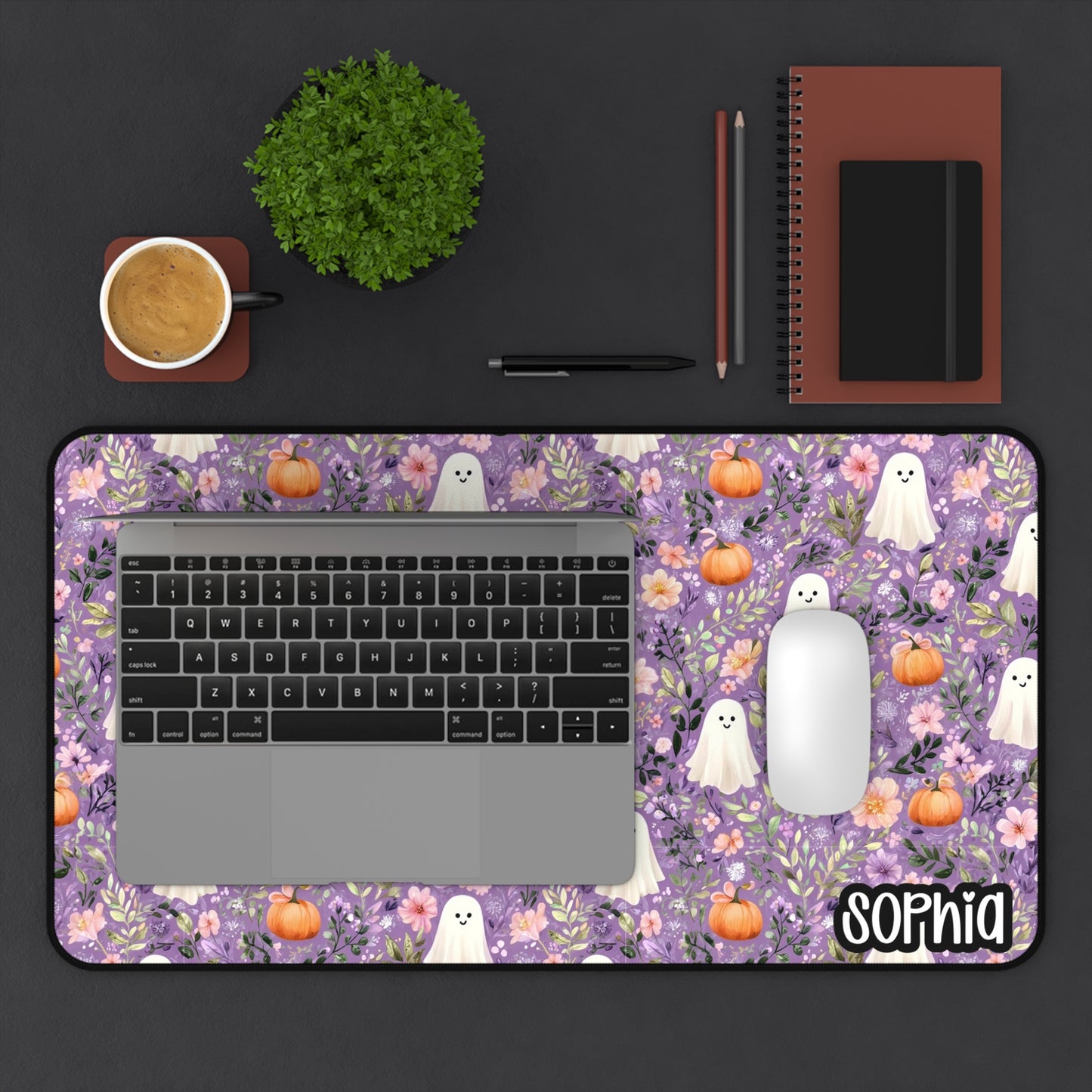 Purple Floral Halloween Desk Mat | Cute Ghost & Pumpkin Desk Pad | Personalized Spooky Cute Desk Decor