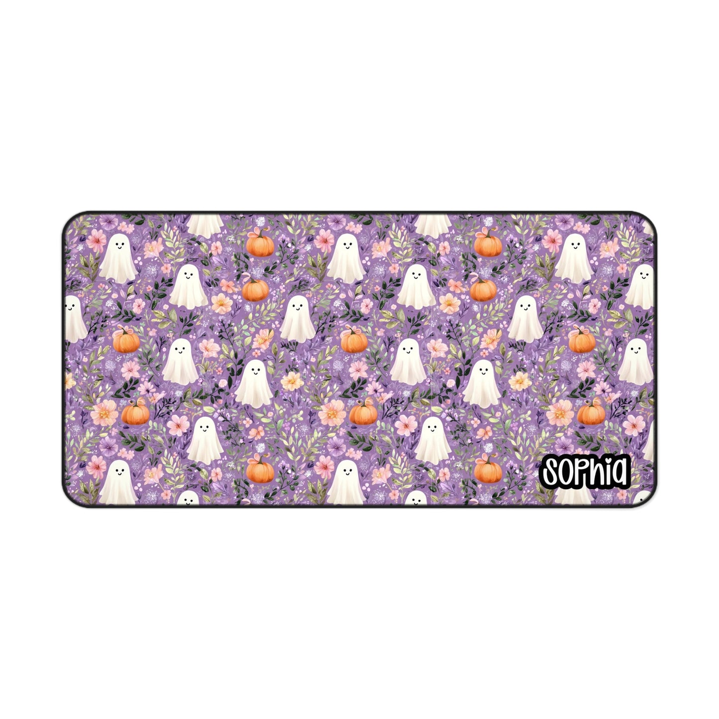 Purple Floral Halloween Desk Mat | Cute Ghost & Pumpkin Desk Pad | Personalized Spooky Cute Desk Decor