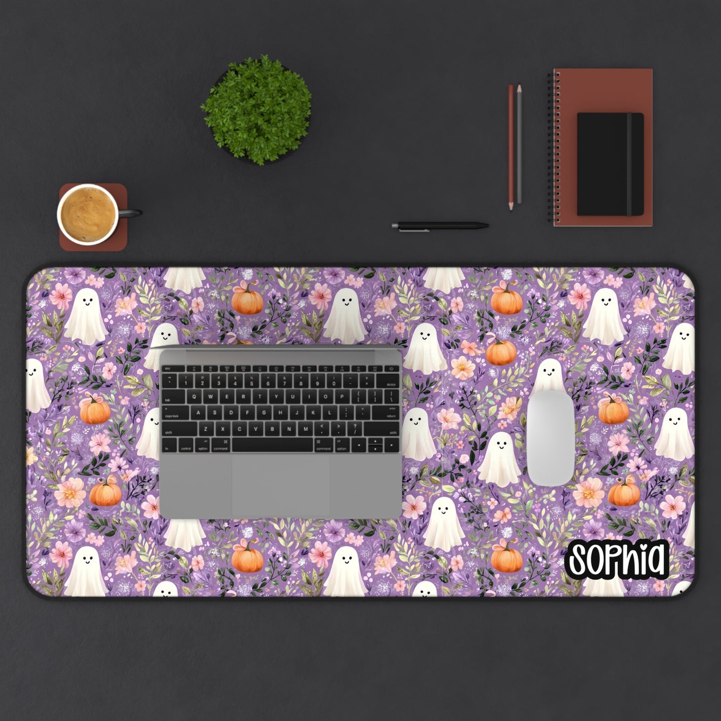 Purple Floral Halloween Desk Mat | Cute Ghost & Pumpkin Desk Pad | Personalized Spooky Cute Desk Decor