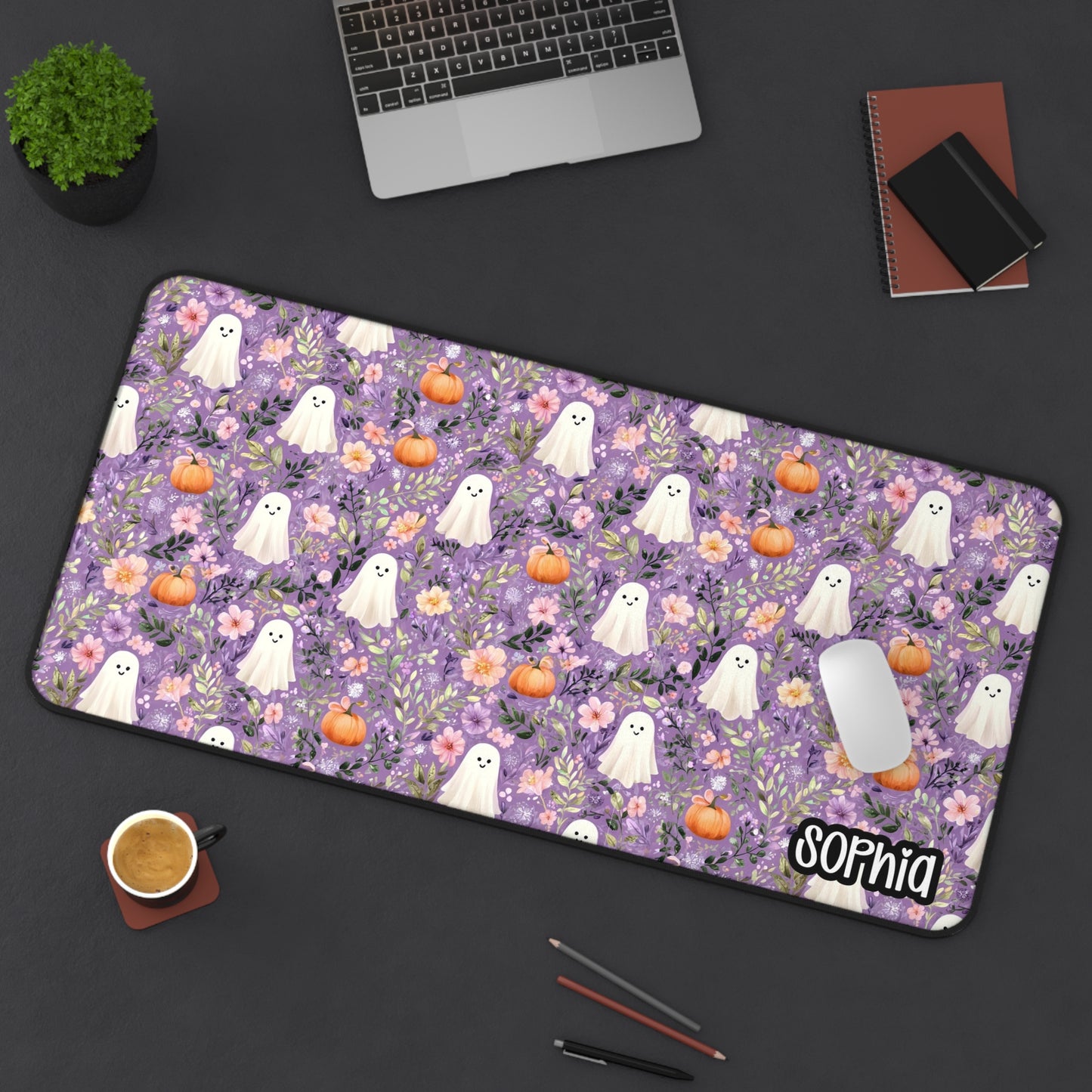 Purple Floral Halloween Desk Mat | Cute Ghost & Pumpkin Desk Pad | Personalized Spooky Cute Desk Decor