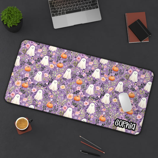 Purple Floral Halloween Desk Mat | Cute Ghost & Pumpkin Desk Pad | Personalized Spooky Cute Desk Decor