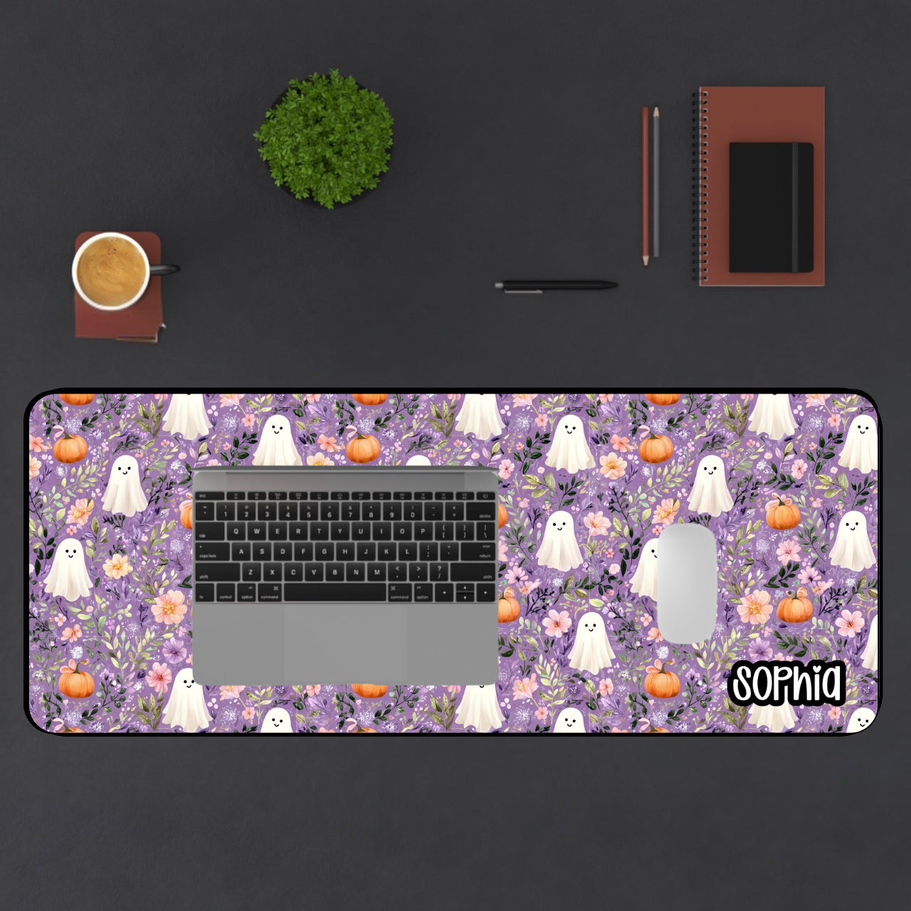Purple Floral Halloween Desk Mat | Cute Ghost & Pumpkin Desk Pad | Personalized Spooky Cute Desk Decor