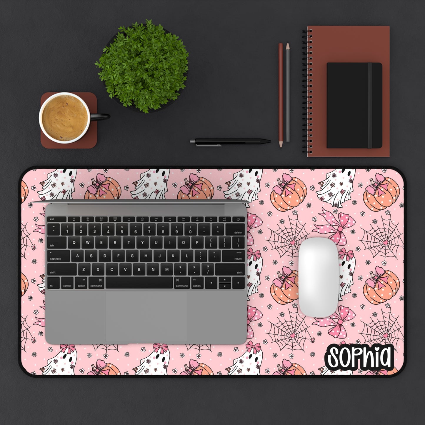 Pink Coquette Halloween Desk Mat | Cute Ghost, Pumpkin & Bow Desk Pad | Personalized Aesthetic Desk Decor