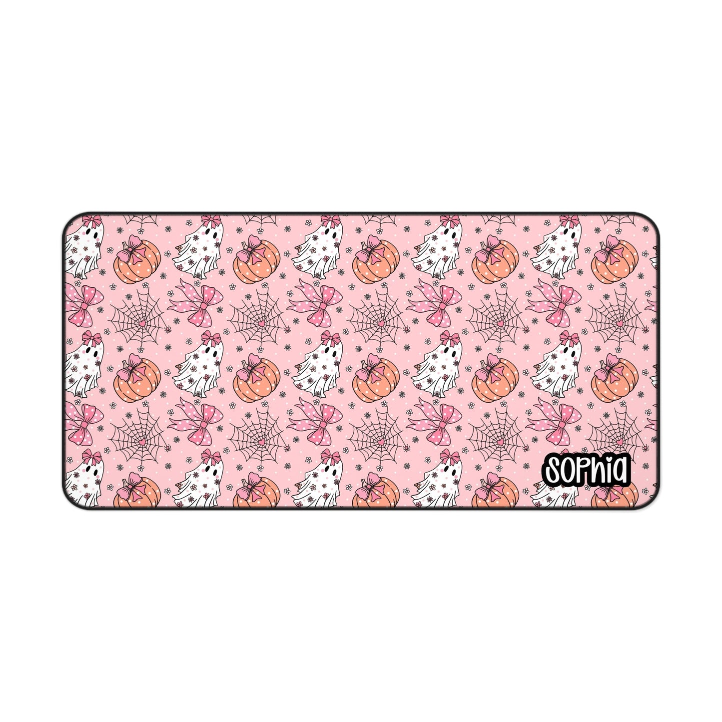 Pink Coquette Halloween Desk Mat | Cute Ghost, Pumpkin & Bow Desk Pad | Personalized Aesthetic Desk Decor