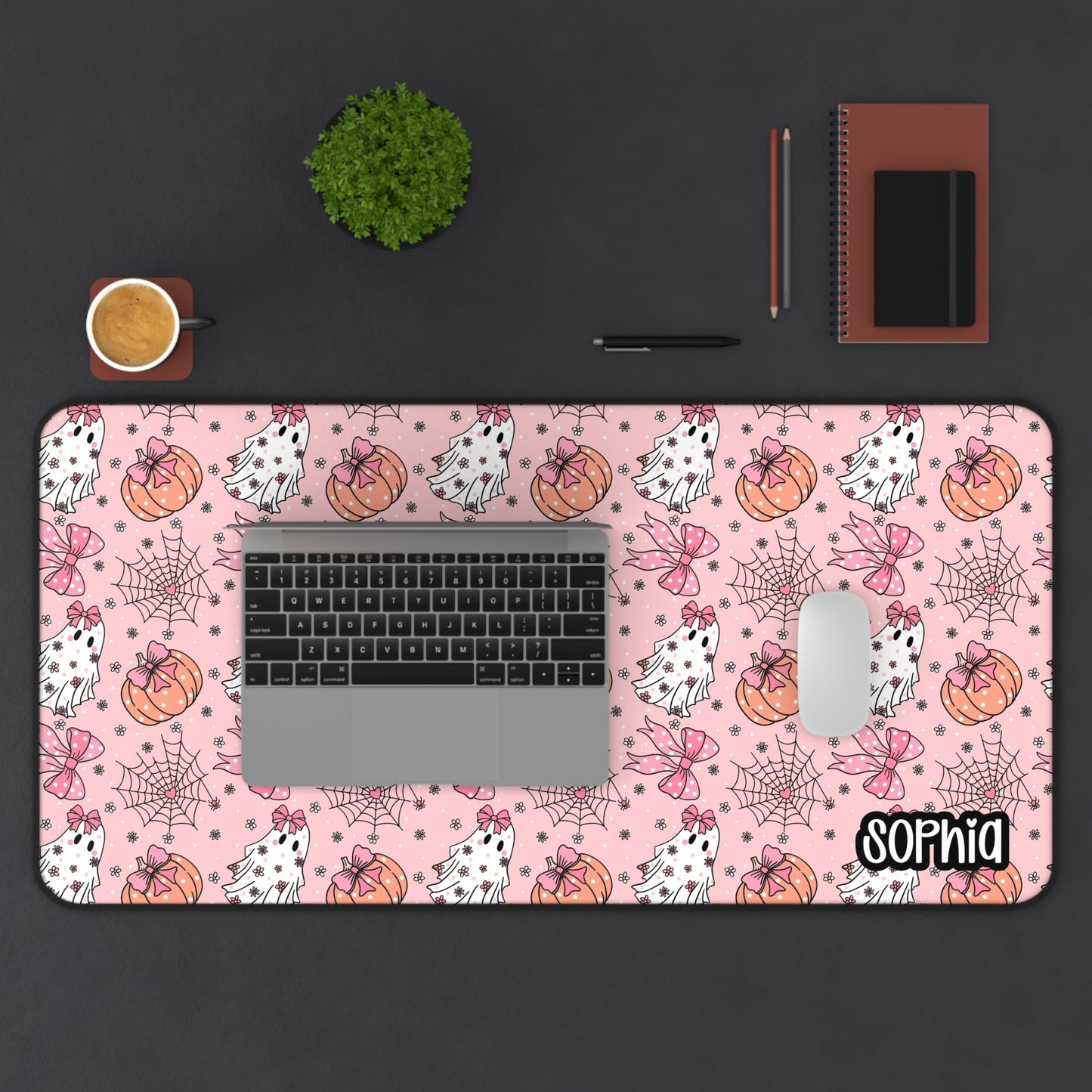 Pink Coquette Halloween Desk Mat | Cute Ghost, Pumpkin & Bow Desk Pad | Personalized Aesthetic Desk Decor