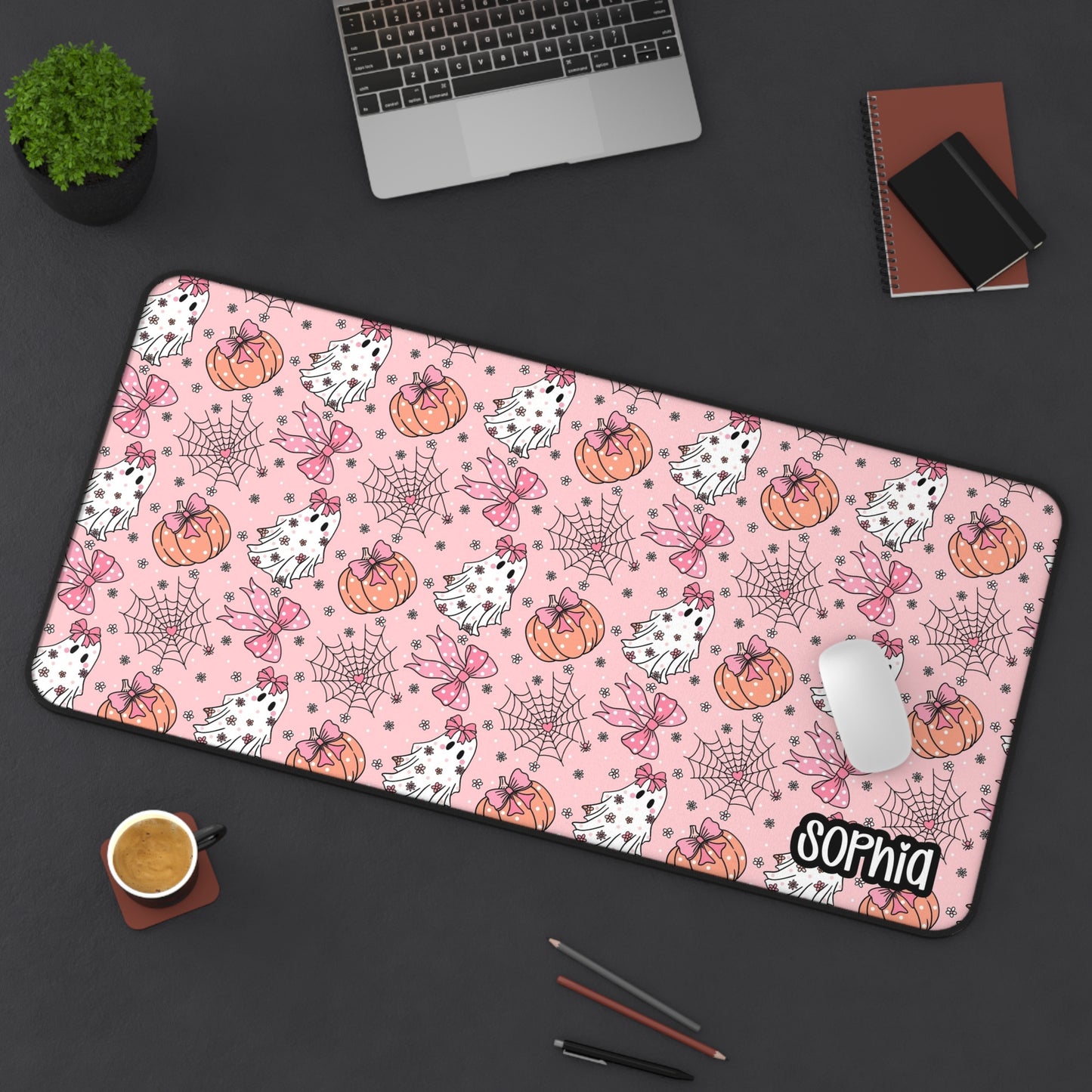 Pink Coquette Halloween Desk Mat | Cute Ghost, Pumpkin & Bow Desk Pad | Personalized Aesthetic Desk Decor