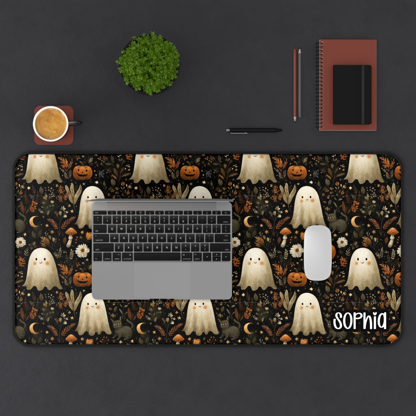 Vintage Halloween Desk Mat | Cute Ghost & Pumpkin Desk Pad | Personalized Fall Spooky Desk Decor