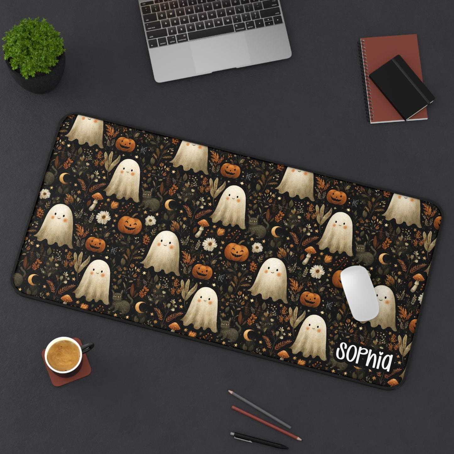 Vintage Halloween Desk Mat | Cute Ghost & Pumpkin Desk Pad | Personalized Fall Spooky Desk Decor