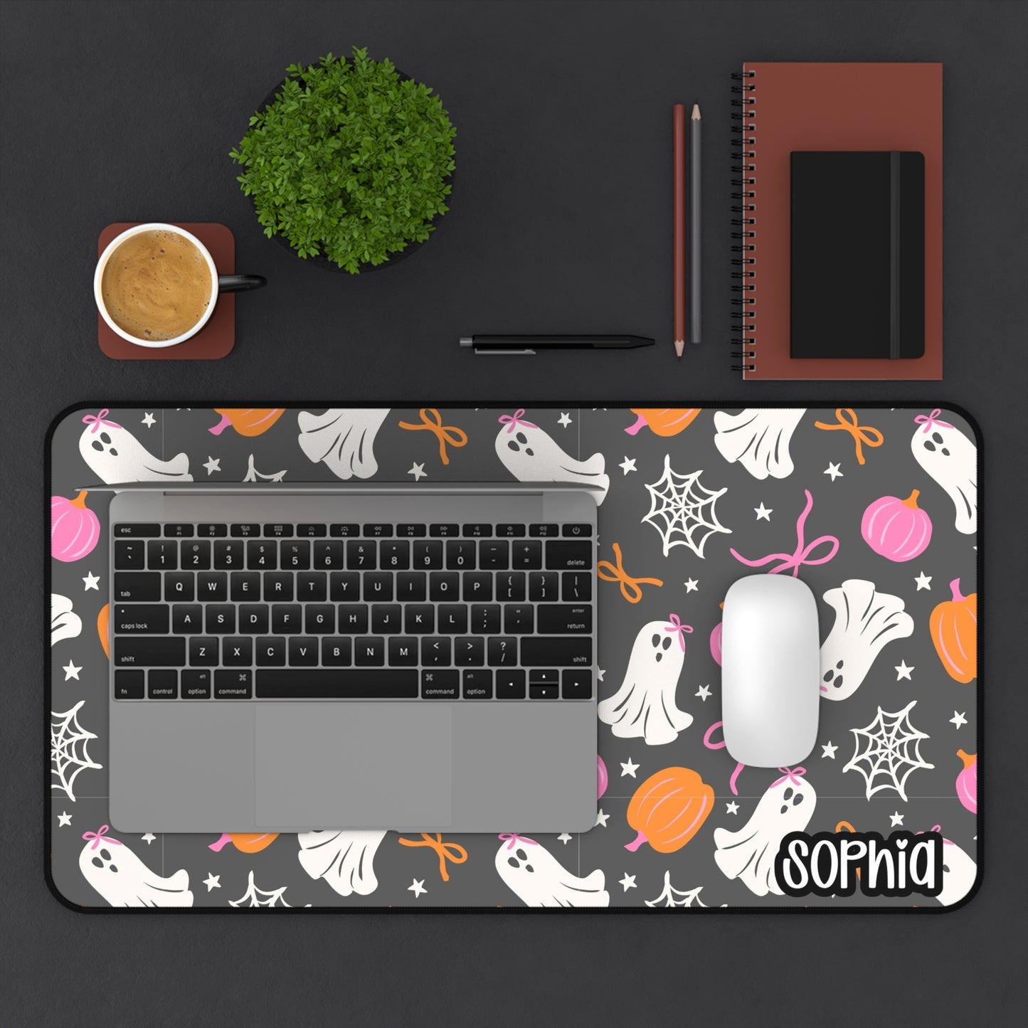 Cute Ghost Halloween Desk Mat | Pink & Orange Pumpkin Desk Pad | Personalized Spooky Cute Desk Decor
