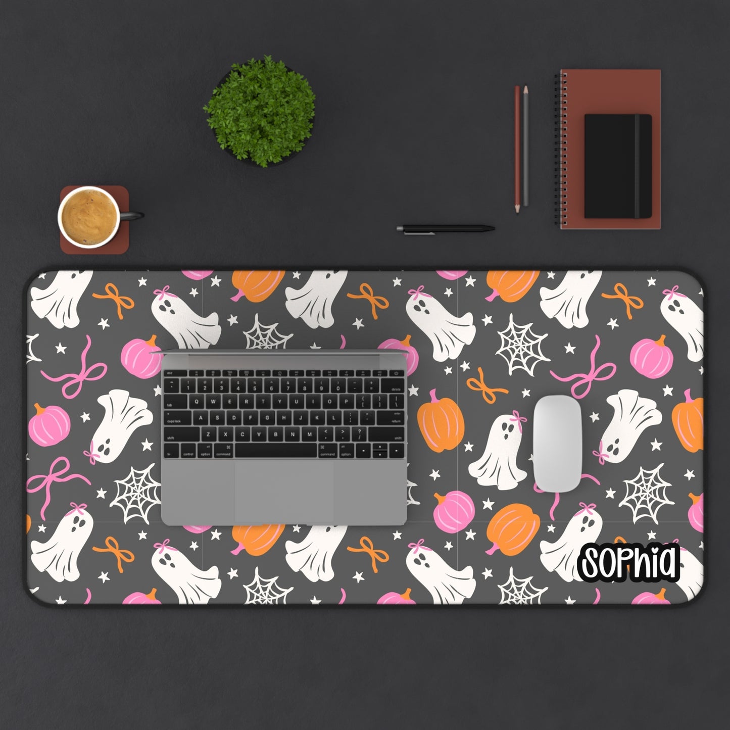 Cute Ghost Halloween Desk Mat | Pink & Orange Pumpkin Desk Pad | Personalized Spooky Cute Desk Decor