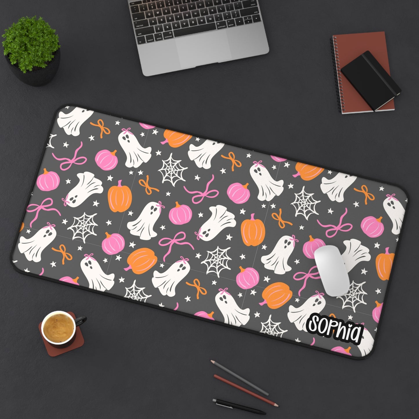 Cute Ghost Halloween Desk Mat | Pink & Orange Pumpkin Desk Pad | Personalized Spooky Cute Desk Decor