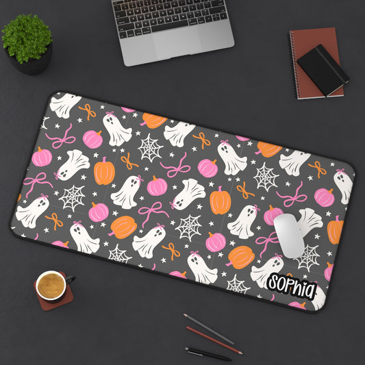 Cute Ghost Halloween Desk Mat | Pink & Orange Pumpkin Desk Pad | Personalized Spooky Cute Desk Decor