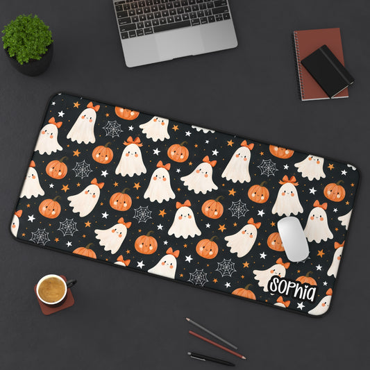 Cute Ghost Halloween Desk Mat | Pumpkin & Bow Desk Pad | Personalized Spooky Halloween Desk Decor