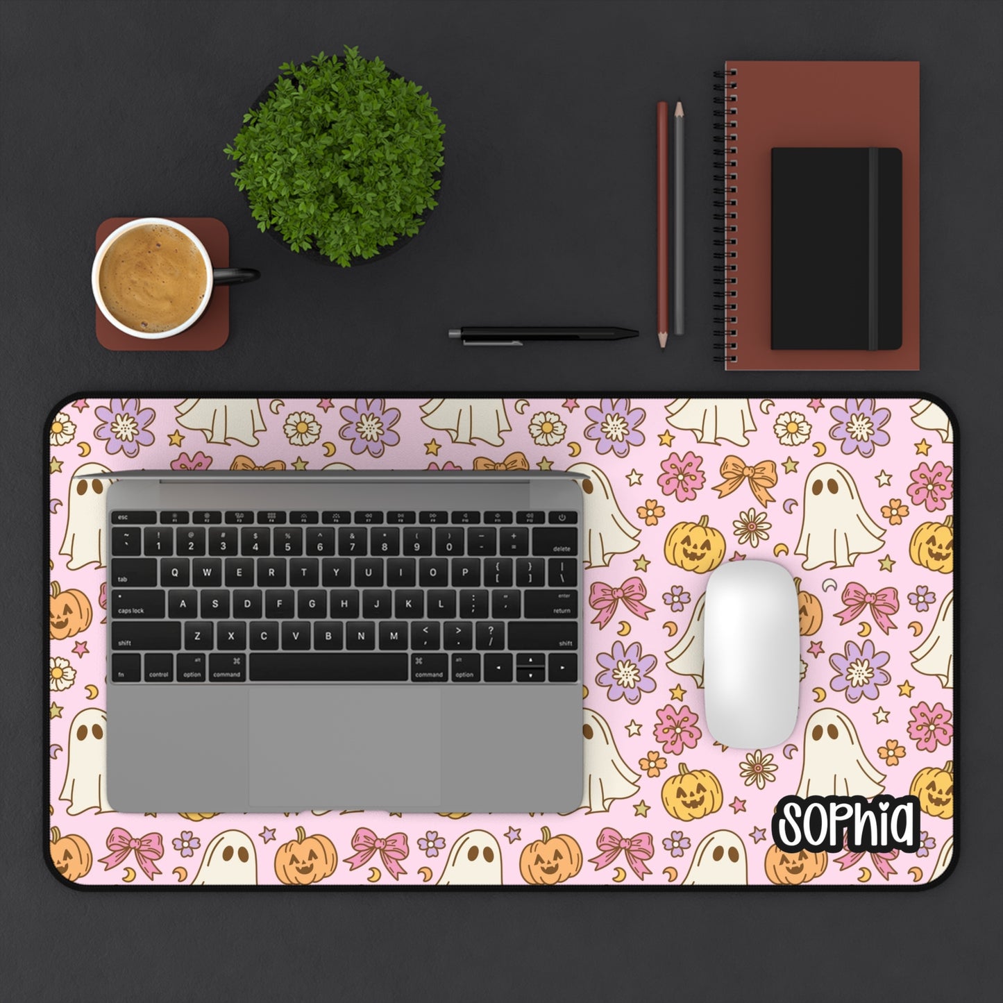 Pink Retro Halloween Desk Mat | Cute Ghost, Pumpkin & Floral Desk Pad | Personalized Spooky Cute Desk Decor