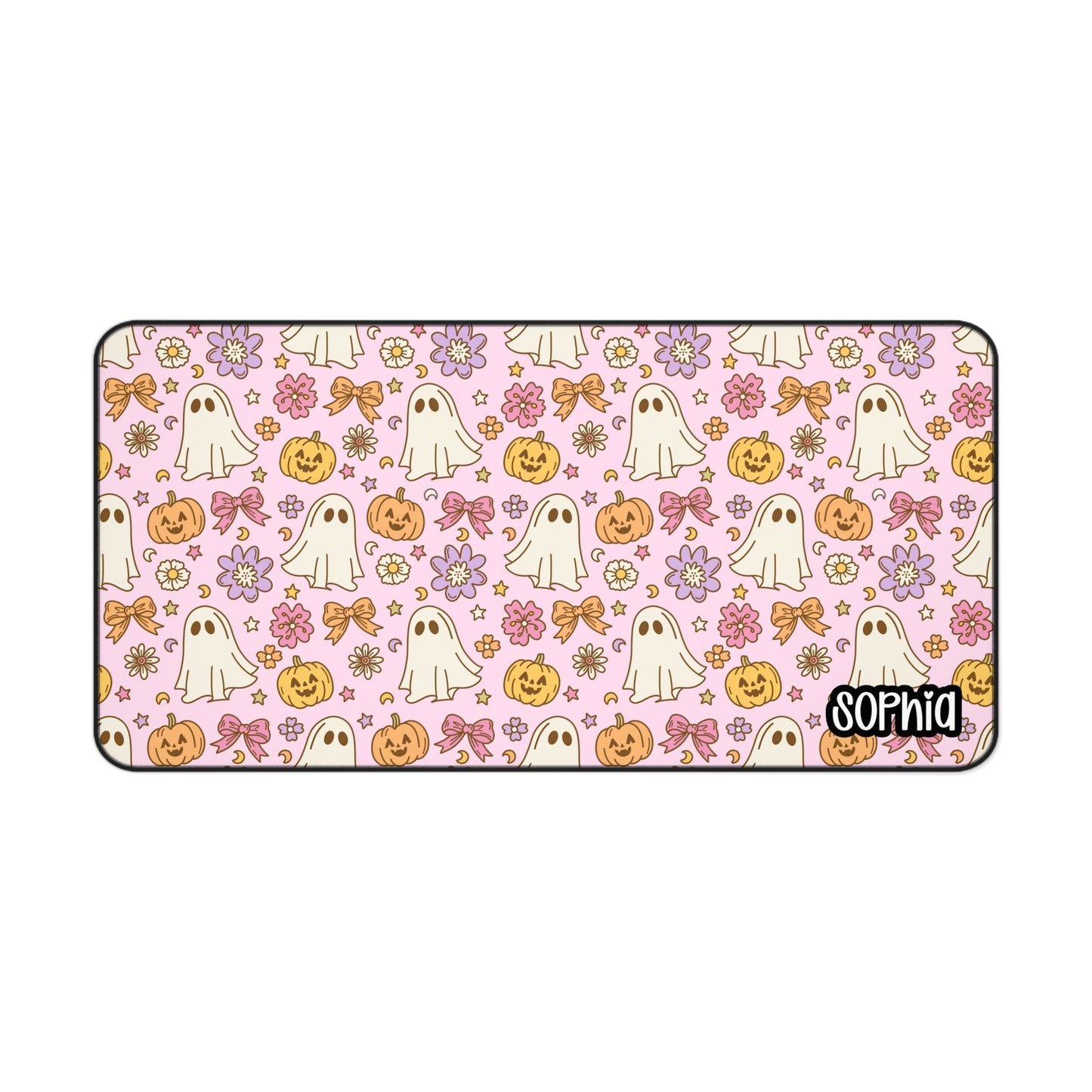 Pink Retro Halloween Desk Mat | Cute Ghost, Pumpkin & Floral Desk Pad | Personalized Spooky Cute Desk Decor