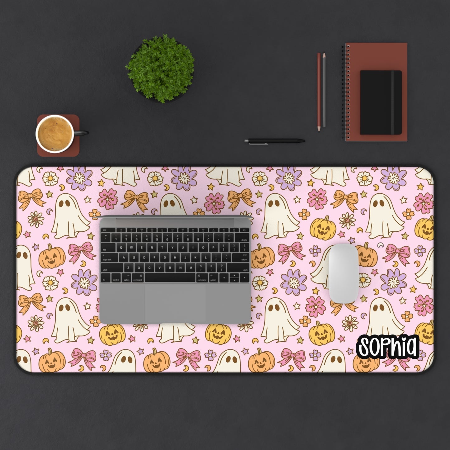Pink Retro Halloween Desk Mat | Cute Ghost, Pumpkin & Floral Desk Pad | Personalized Spooky Cute Desk Decor