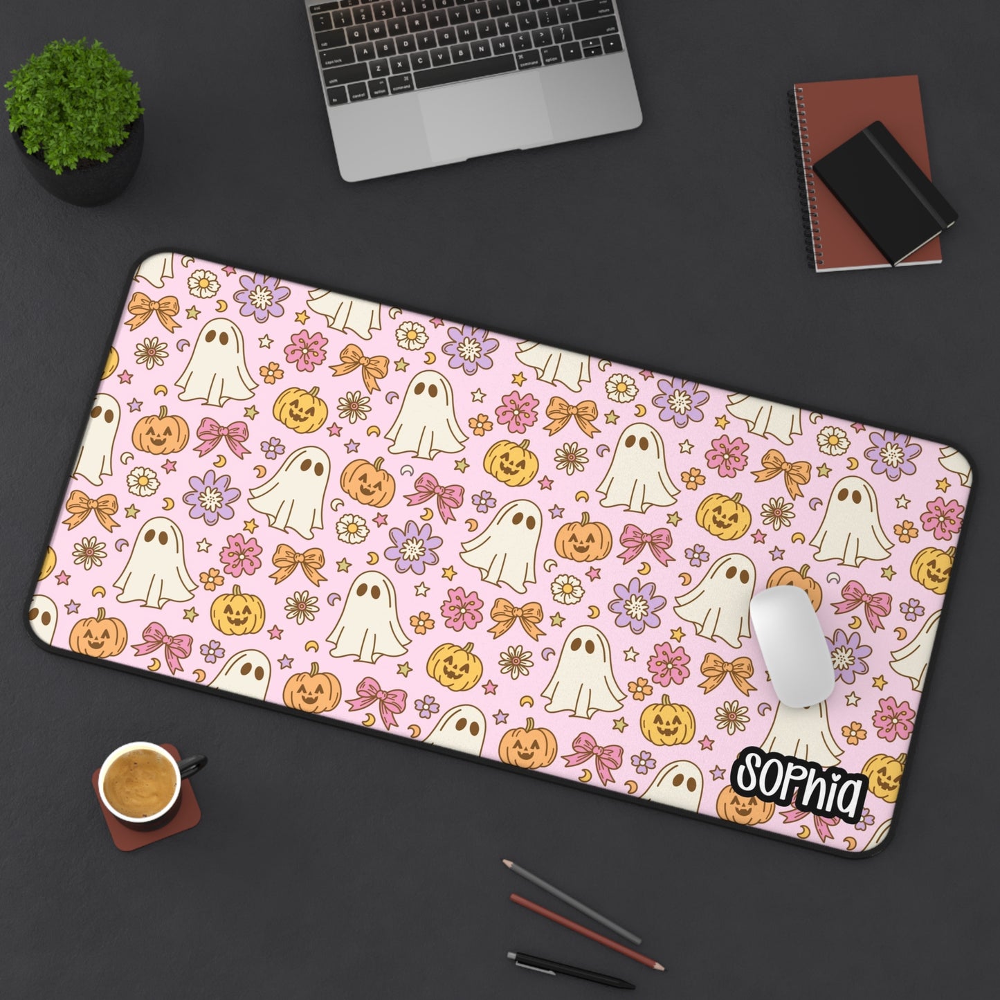 Pink Retro Halloween Desk Mat | Cute Ghost, Pumpkin & Floral Desk Pad | Personalized Spooky Cute Desk Decor