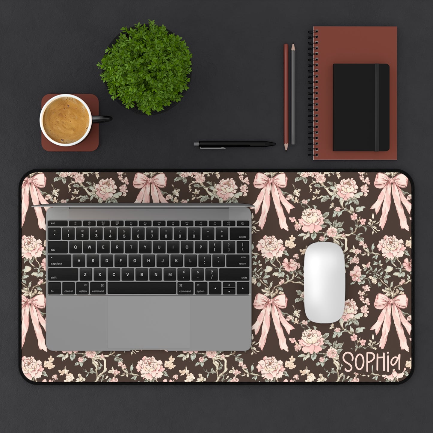 Brown Floral Bows Desk Mat — Pink Rose Vintage Office Mousepad
