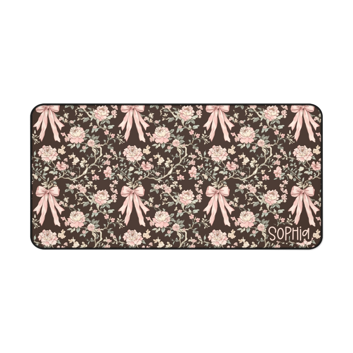 Brown Floral Bows Desk Mat — Pink Rose Vintage Office Mousepad