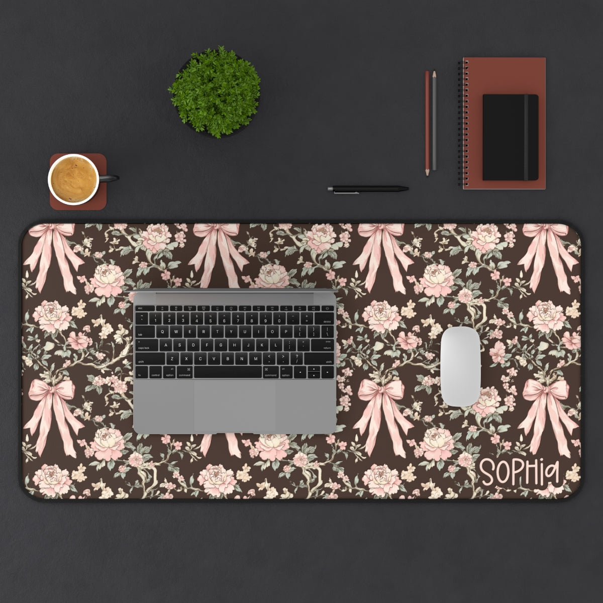 Brown Floral Bows Desk Mat — Pink Rose Vintage Office Mousepad