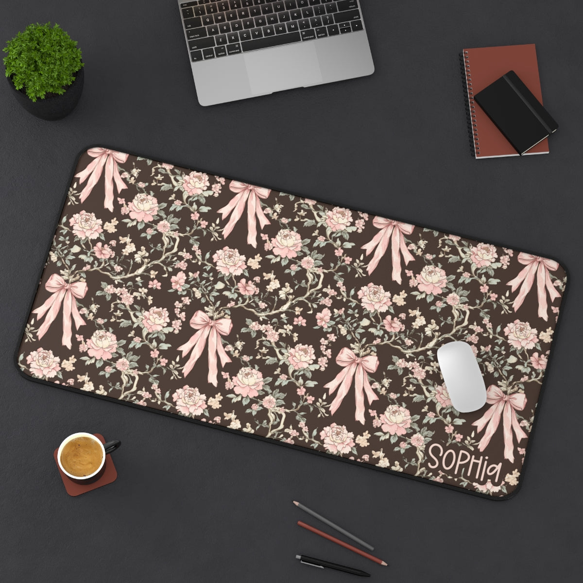 Brown Floral Bows Desk Mat — Pink Rose Vintage Office Mousepad
