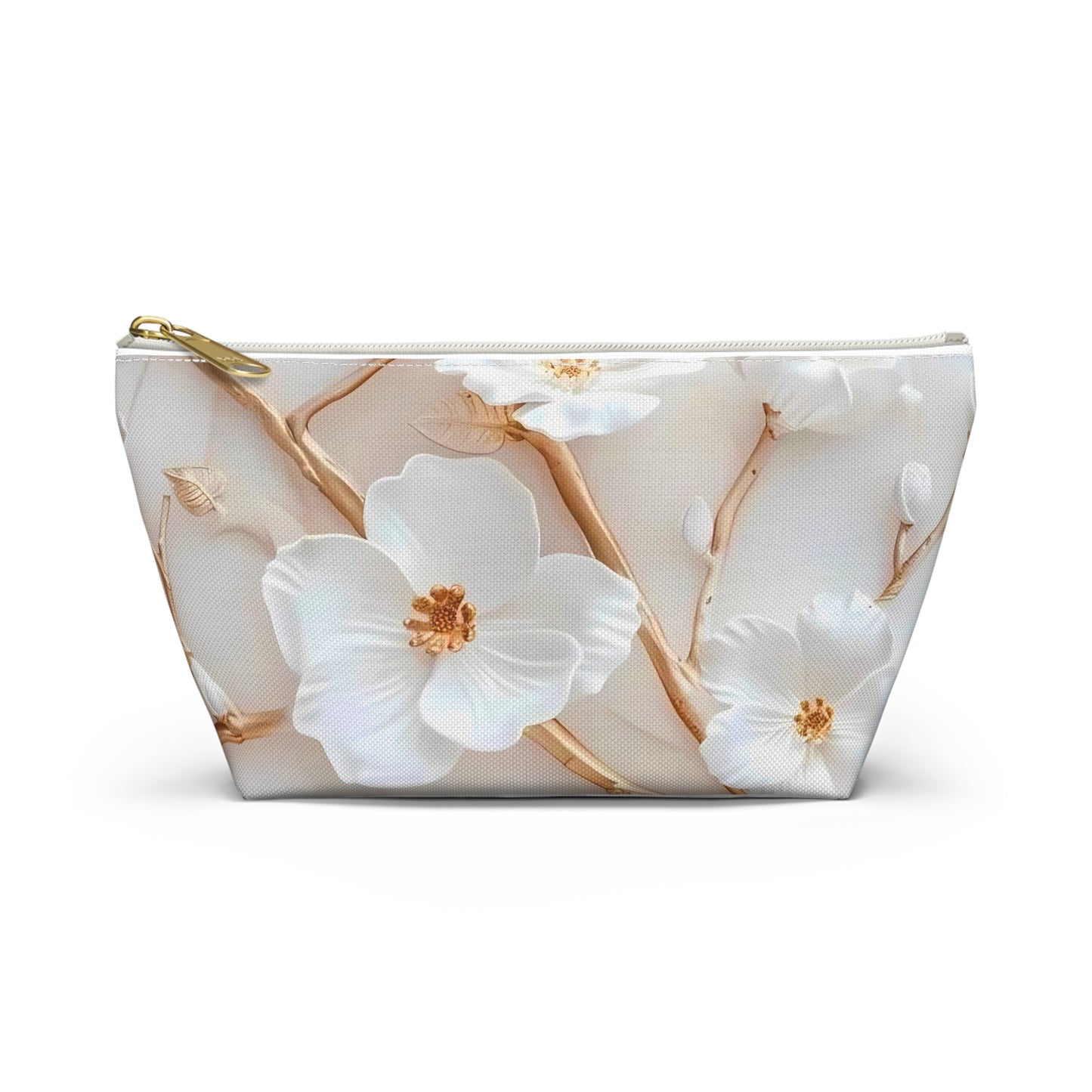 White and Gold Floral Accesory Pouch