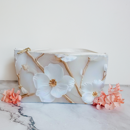 White and Gold Floral Accesory Pouch