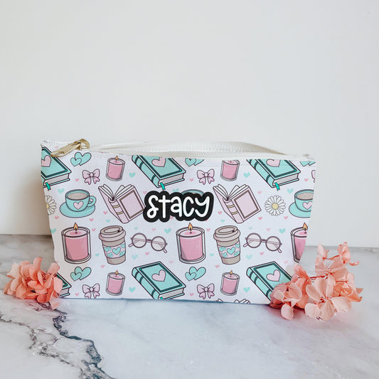 Chic Coffee & Book Lovers Accessory Pouch, Makeup Bag, Travel Organizer, Gift for Readers, Cute Pencil Case, Coffee-Themed Pouch