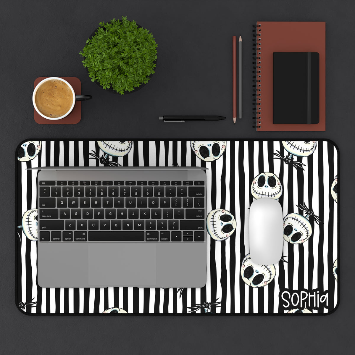 Gothic Striped Halloween Desk Mat | Black & White Skeleton Desk Pad | Personalized Spooky Desk Decor