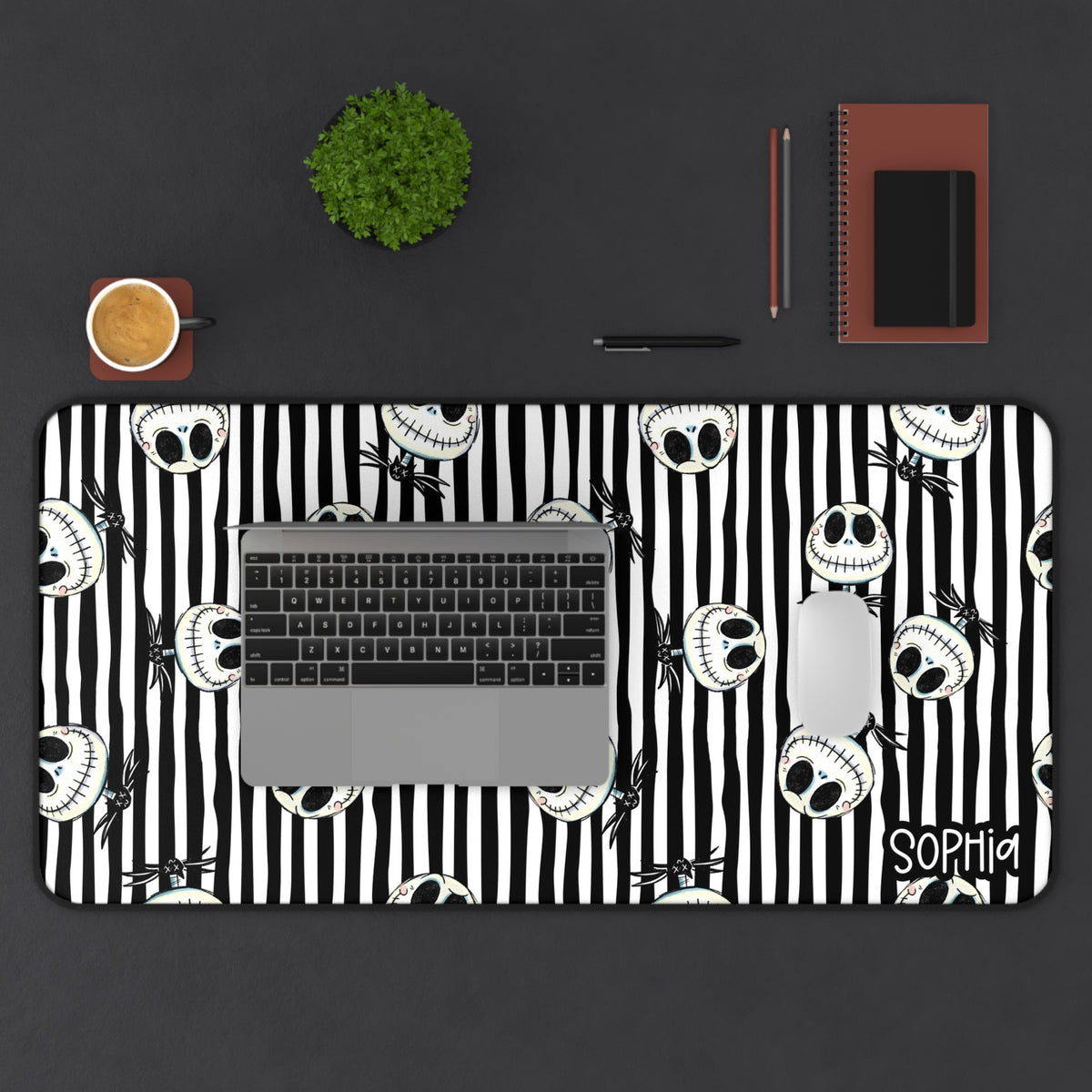 Gothic Striped Halloween Desk Mat | Black & White Skeleton Desk Pad | Personalized Spooky Desk Decor